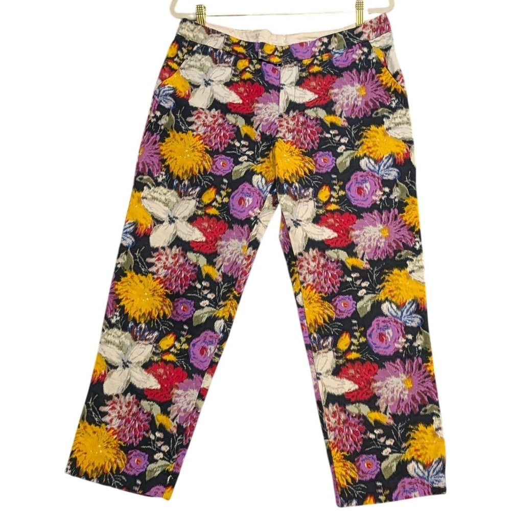 Elevenses Anthropologie Floral Cotton Straight Leg Pants Multi Color Womens 12